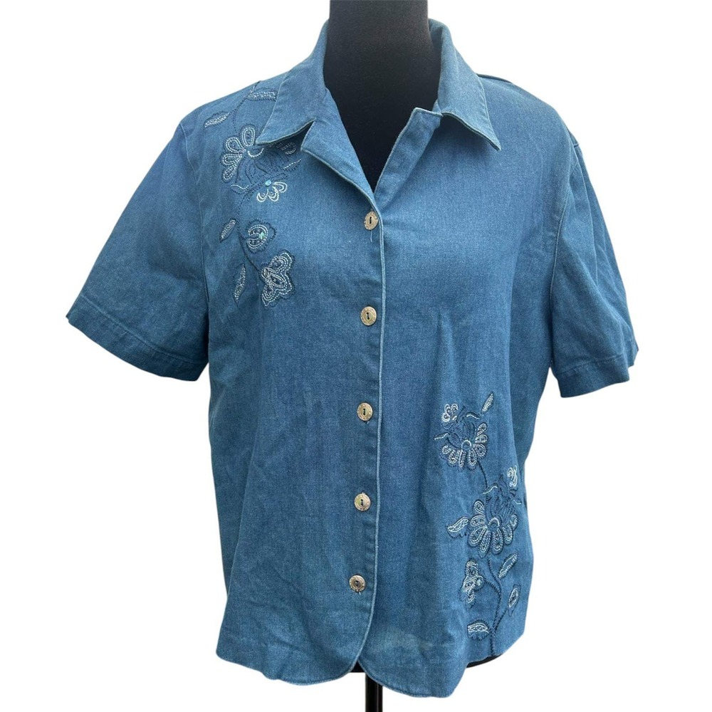 Alfred Dunner Petite 16P Denim Shirt Blue Floral Embroidered Vintage Button Down - Picture 1 of 10